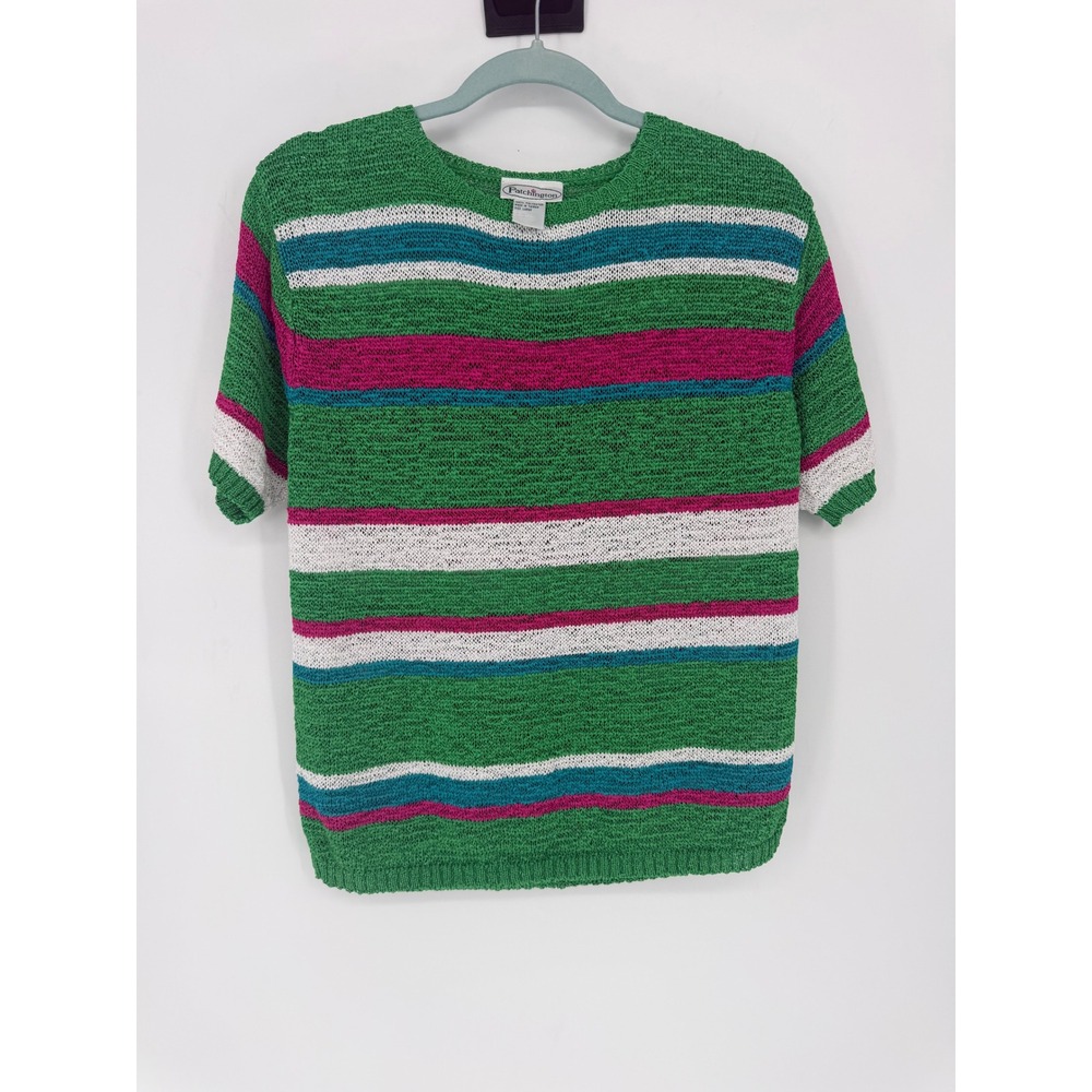 Patchington Women Green Multi-Color Striped Short Sleeve Knit Sweater Large